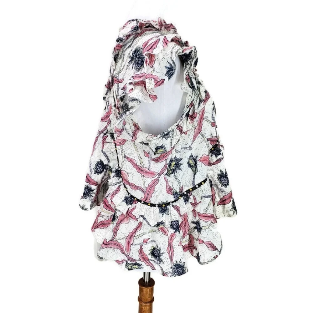 ISABEL MARANT 40 Unice Floral Print Ruffled Top Pink White Black Blouse Ecru - Picture 9 of 16